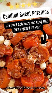 These crockpot candied sweet potatoes with pecans take a classic holiday side dish and make it super easy! Fresh sweet potatoes are layered with pecans, then slow cooked in a wonderful syrupy blend of sugar, orange juice, vanilla, and spices until they are fork tender. Finish off with a sprinkling of mini marshmallows - and voila - the perfect holiday side dish recipe!