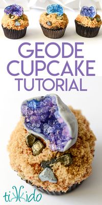 Tutorial showing how to make geode cupcakes with edible rock crystal sugar and gum paste geode cupcake toppers.