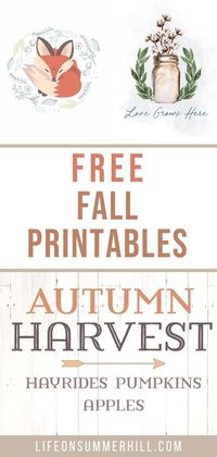 The most beautiful free fall printables. Autumn colors of red, amber brown, golden yellow and many more. Foxes, mason jars with cotton, farmhouse signs all in a vinrage style. Come download, print and frame these free wall art printables for your home decor. Free falling printables. Digital download wall art for fall. Free digitial art.