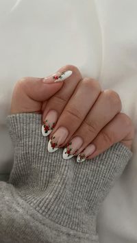 Christmas holly berry and leaves almond french tip nails