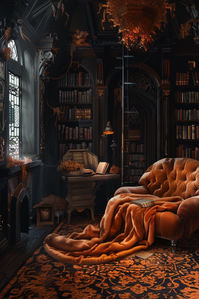 "Fantasy Orange Vintage Library" Step into the book lover's world of dark academia. This library of knowledge is draped in a vintage aesthetic, with rooms bathed in dark amber and burnt orange. Each corner of this library is a whisper from the past, where old books with rich tales awaits. #VintageElegance #GothicLibrary #DarkAesthetics #bookish #bookloveraesthetic