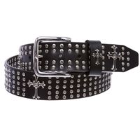 This belt is made of 100% cowhide, solid leather, comes with snap on removable buckle Silver tone hardware, riveted Riveted cross ornaments 1 1/2" (38mm) in width Sizing: this belt size is measured to the center hole, the third hole from you tip end, order about 2 inches larger than pants size for best fit, e.g. 32" pants order size 34" belt More details: Understand sizing: Usually the belt size is not about full length (end to end), it is sized to the center hole (the third hole from the tip en