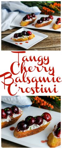 Crostini appetizer - cherries, goat cheese, balsamic vinegar, brown sugar, lemon juice, chives! Makes for an easy appetizer for a party! #appetizer #cherry #cheese #easy