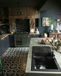 Those counters! - SUCH AN INTERESTING, ECLECTIC & FABULOUS KITCHEN WITH ITS' CONCRETE COUNTER TOPS, FABULOUS FLOORING, DARK WALLS & INTERESTING PIECES, USED AS DECOR! - AWESOME!💌