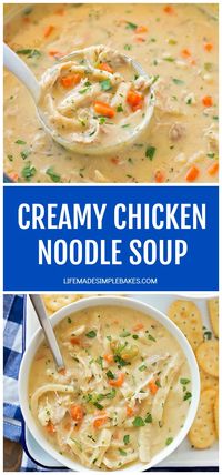 This thick and creamy chicken noodle soup is the perfect cozy meal for a cold winter day! It's simple, delicious and filling! #soup #chickennoodlesoup #chickennoodlesouprecipe #chickennoodle #creamysoup