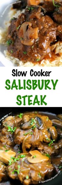 Slow Cooker Salisbury Steak is one of our favorite comfort foods. Tender beef patties simmered in rich brown gravy with mushrooms and onions. This is perfect served over mashed potatoes, rice or pasta!