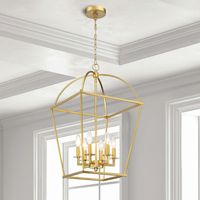 Mounts to flat or sloped ceilings with adjustable chain to 48-in. Six 60-watt B10 bulbs required (not included). Installed as a downlight only. Brushed gold finish pendant from the Hannah collection is modern and refined. Light is dimmable, so you can create your desired ambiance. Great for transitional style décor. 16-in W x 26.9-in H x 16-in D. ETL safety listing demonstrates this product has met minimum requirements of widely accepted product safety standards. Mounting hardware included. alle