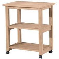 The kitchen microwave cart is solid wood and has castors.