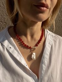 Baroque Pearl and Red Agate Beaded Necklace, Boho Jewelry - Etsy