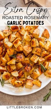 Learn how to make extra-crispy roasted rosemary garlic potatoes! These require no extra steps – simply a sheet pan and the ingredients. These roasted potatoes make a great side dish for a wide variety of meals, such as breakfast and main entrées. These garlic and rosemary potatoes are perfectly crunchy on the outside with a soft and velvety inside.