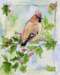 A watercolor original nature painting of a woodland bird titled Cedar Waxwing.  Original artwork by Laurie Rohner.  I   love these birds Cedar Waxwings, when they make their way through my   area. They love to eat the red berries on my holly. I love the subtle tones   of this watercolor. It is whimsical with the added painted border and   there are subtle water marks of blue in the corners.   Title: Cedar Waxwing Medium: Watercolor on Paper Palette: brown, red,golden yellow,black. Paper ...