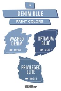 Step into the classic style of this denim blue color palette from Behr paint. With shades like Washed Denim, Optimum Blue, and Privileged Elite, these medium-tone colors are the perfect fit for the interior and the exterior of your home. Click below to learn more.