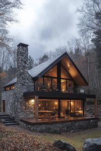 Modern rustic stone and wood cottage house in deep mountain forest. Check out these stunning houses nestled in the serene and rugged beauty of mountain woods. Get inspired by nature!