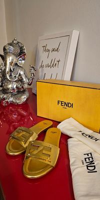 Gold, Authenticated Fendi Sandals