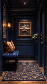 Art Deco Elegance: Transform your hallway with gold and navy tones. Soft velvet bench, geometric patterns, and warm lighting create a luxurious ambiance. Step into sophistication! ✨📸 #ArtDeco #HomeDesign #ElegantInteriors #Midjourney #InteriorInspo