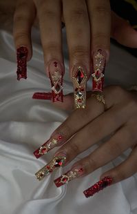 Nail charms, nail bling , nail art , red nails , gold nails ,