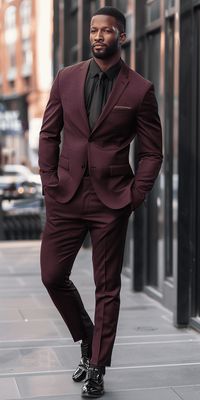 Make a bold statement with this burgundy suit, ideal for fall wedding guest outfits for men. Pairs well with a black dress shirt and tie. #commissionsearned