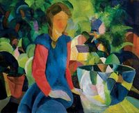 August Macke (1887-1914) was een Duits kunstschilder, wiens werk behoort tot het Duits expressionisme. Via Franz Marc komt Macke in contact met de andere leden van der B R, zoals Kandinsky en wordt ook lid.. Het uitbreken van de oorlog maakt aan alles een abrupt eind. In september 1914 moet Macke het leger in en sneuvelt hij. Ook Franz Marc zou in de Eerste Wereldoorlog overlijden en door de dood van beide kunstenaars komt er een einde aan der Blaue Reiter.