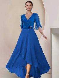 A-Line Mother of the Bride Dress Wedding Guest Party Elegant V Neck Asymmetrical Chiffon Half Sleeve with Crystal Brooch Ruching