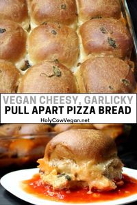 This gooey, bubbly and vegan Cheesy Garlicky Pull Apart Pizza Bread is served with a delicious marinara sauce. Perfect for kids and super bowl snacks or a fun family dinner! #veganpizzabread #pullapartbread #pizzarolls #superbowlrecipe #holycowvegan