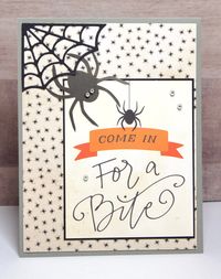 Send spooky Halloween wishes with this handmade halloween card. The card features a large panel with a black spider and the sentiment which reads "Come in for a Bite." Adding to the spooky feel of the card is the die cut spider web and the large spider on the corner of the card. The card measures 4 1/4 x 5 1/2 in. and includes a white envelope.  The card is blank inside for your personalized message. Thanks for shopping! NOTE ABOUT SHIPPING: Estimated delivery times are set by USPS and are not g