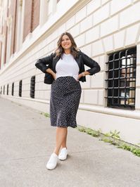 Styling this slip skirt with a moto jacket and white sneakers. Wear in spring or fall. Work friendly outfit!