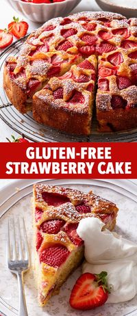 Easy Gluten Free Strawberry Cake - This gluten free strawberry cake is the perfect easy, no-fuss bake. It’s soft, moist and tender, and it’s packed full of lemon zest and juicy, jammy strawberries. You can whip it up in about 20 to 30 minutes and then let it do its thing in the oven. Gluten free cake recipes. Gluten free dessert recipes. Strawberry recipes. Strawberry desserts. Summer recipe ideas. Summer dessert inspiration.