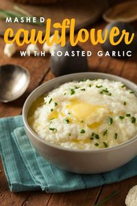 This roasted garlic mashed cauliflower recipe gives you all of the flavor with none of the guilt (and none of the carbs!) Whips up in just minutes! And it's Keto-friendly too! #recipes #cauliflowerrecipes #ketorecipes #lowcarbrecipes #thanksgivingrecipes #holidayrecipes