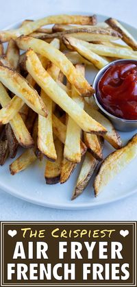 Extra crispy on the outside, and perfectly tender on the inside - these Air Fryer French Fries are the absolute BEST you've ever had!  Say goodbye to deep-frying or oven-roasting, because these homemade fries are made with less oil, are so much healthier, and an absolute breeze to make.  Learn a few simple tricks to get super crisp edges every single time. #airfryer #frenchfries #fries