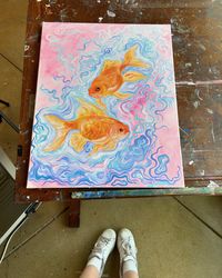 Swipe to unpaint the fishies 👉🏼 This was my first time properly painting goldfish using acrylic, before I’d only ever painted them with watercolors. And let me just say I liked using acrylic soooo much more (also I’m resisting the urge to name this one “Us as Fish II,” please give me name suggestions 😂)