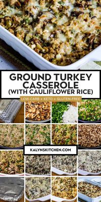 Ground Turkey Casserole (with Cauliflower Rice) has peppers, mushrooms, Monterey Jack, and Feta to kick up the flavors, and it's delicious! And this tasty casserole with ground turkey only has 9 net carbs and 33 grams of protein!. [found on KalynsKitchen.com] #GroundTurkeyCasserole #GroundTurkeyCasseroleCauliflowerRice #GroundTurkeyCasseroleMushrooms #GroundTurkeyCasseroleFeta