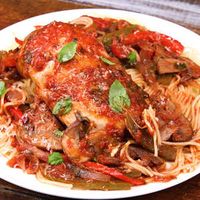 How to Make Fast Skillet Chicken Cacciatore | Lean chicken breasts cook quickly--in just 15 minutes compared to the hour-long braise in most cacciatore recipes. If you'd like more heat in the sauce, kick up the crushed red pepper to 1/2 teaspoon.