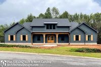 This stylish 3-bed modern farmhouse plan has a balanced exterior with matching gables flanking the front porch. A decorative shed dormer above adds to the curb appeal. French doors are centered on the porch and welcome you inside. The foyer has views through the dining room to a pair of French doors in back. The main portion of the home gives you an open floor plan with unimpeded views extending from the great room to the kitchen. This home is adorned with amenities such as a wet bar in the