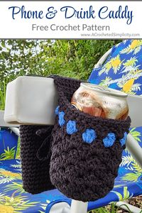 Learn to make a crochet caddy that's perfect for beach, patio, camp chairs and walkers with this free crochet pattern. Customize to fit your cell phone and drink containers. Easy crochet granny stitch and single crochet stitches create this fun accessory for camping, the beach, backyard BBQ's, and even wheelchairs! Instructions included for a pineapple and Thin Blue Line version as well. #crochetchaircaddy #beachchaircaddy #thinblueline #crochetpineapple #crochetcaddy #freecrochetpattern #patiochaircaddy #campchaircaddy #crochet