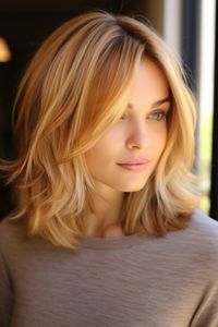 Honey blonde tendrils bring warmth to your face and work beautifully with any skin tone. The loose waves can be created with a curling iron or natural texture. Click here to check out more cute and fun shoulder-length haircuts and hairstyles.