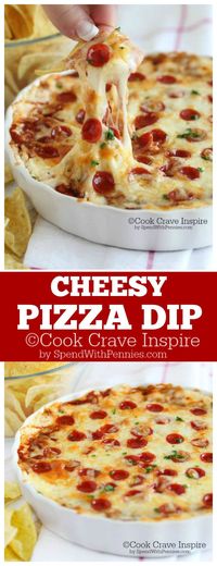 Easy Cheesy Pizza Dip recipe. A delicious creamy cheesy pizza dip loaded with sauce & your favorite toppings, hot from the oven!  A big hit at every party!