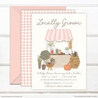 "This listing is for the farmers market themed baby shower invitation or a country style pastel theme baby shower invitation ----------------------------------------------- ✻ INCLUSIONS OF THIS LISTING ✻ ----------------------------------------------- - Invitation template - access your template and edit online via Corjl upon purchase. (5x7\" size) - Invitation back design - a NON-editable card design. - Instruction guide - Upto a max. of 5 download limit ✻ NO PRINTS ARE INCLUDED IN THIS LISTING ✻ You may edit your purchase through your mobile, tablet, laptop or desktop but it is advisable to use a desktop or a laptop for more editing capabilities. --------------------------------------------------------------------- ✻ TRY THE DEMO BEFORE MAKING A PURCHASE ✻ -------------------------------