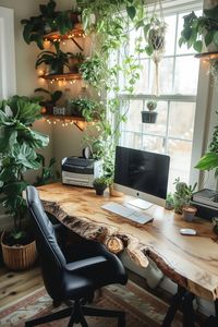 An airy setup with a botanical theme, showcasing a live-edge wooden desk and a plant display that reaches from floor to ceiling, alongside a herb garden on the window sill, infusing the space with life and color.