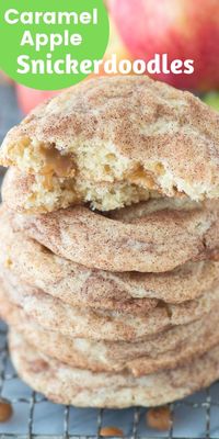 Caramel apple snickerdoodles – a fall twist on snickerdoodle cookies! These actually taste like caramel apple and remind me of those green caramel apple suckers! #caramelapplesnickerdoodles #caramelapplecookies #cookies #snickerdoodles