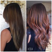 This lovely client wanted a dramatic color change to honor the first day of Fall! Cheng warmed her up with beautiful tones of rose gold. #kodasalon www.kodasalon.com