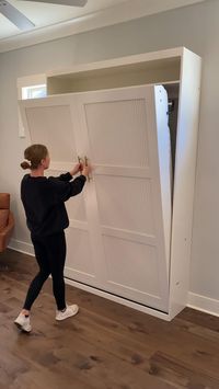 We took the plans that come with the Murphy Bed Hardware and jazzed them up by adding fluted panels and a faux two door look! Full Build here: https://www.woodbrew.tv/blog/modern-murphy-bed #murphybed #wallbed #diymurphybed #foldingbed  We took the plans that come with the Murphy Bed Hardware and jazzed them up by adding fluted panels and a faux two door look! Full Build here: https://www.woodbrew.tv/blog/modern-murphy-bed