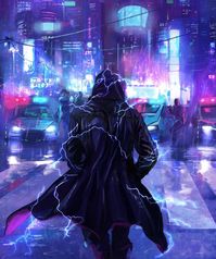 Cyberpunk Art, Cyberpunk night run, police chase, attack, cyberpunk hooded gangster character. android robotic cyborg assassin, in futuristic cyberpunk fashion costume scifi tech outfit, neon noir concept art female character design matte painting illustration artwork, dark, blade runner inspired purple neon fantasy man in heavy armour tech outfit with helmets guns and weapons, inspiration ideas