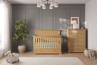 With classic crown molding, English dovetail drawers, and durable wood construction, the fully assembled Jordyn Legacy Collection adds traditional, sophisticated style into any nursery. Choose from a 4-in-1 Flat Top Crib or a simple Euro Crib silhouette, along with a tall chest of drawers, double dresser, and coordinating nightstand.