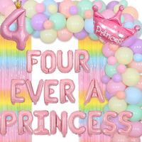 PRICES MAY VARY. Package Includes: Princess 4th birthday party decorations include 50 x latex balloons 12 inches, 15 x latex balloons 5 inches, 1 x rainbow fringe curtain 3 x 6 ft, 1 x four ever a princess foil balloons 16 inches(No Helium Supported), 1 x number 4 foil balloon 40 inches(Helium Supported), 1 x crown foil balloon 29.52 x 32.28 inches(Helium Supported), 1 x balloon garland strip, 1 roll of 100pcs adhesive dots, one pack can meet your various needs for four ever a princess birthday