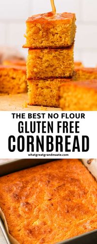 Moist, crumbly gluten-free cornbread made with cornmeal & no flour! A simple, subtly sweet cornbread recipe that adapts to dairy-free, muffins, & more!