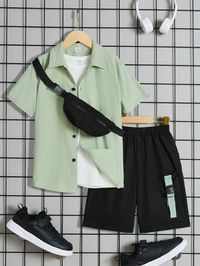 Green Casual Collar Short Sleeve  Colorblock  Embellished Non-Stretch  Tween Boys Clothing