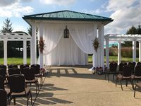 😍Outdoor ceremonies...so beautiful!  #Sheerdraping and #floraltiebacks are the PERFECT way to make the #ceremonyspace unique to you!  And beautiful weather doesn't hurt!  #illumepghdesign #outdoorwedding #outdoorceremony $ceremonybackdrop #whitesheer #gazebodraping #pittsburghwedding #burghbrides