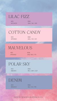 Cotton Candy Color Palette. Baby pink, mauve pink, muted pink, denim blue, sky blue, baby blue, lilac purple. Wedding color palette. Baby shower color palette. Nursery color palette.