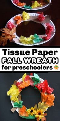 Toddlers and Preschoolers can make this pretty fall wreath to hang on a door or window this fall. Crumpling tissue paper is great for strengthening fine motor skills and hand muscles. #HappyHooligans #KidsCrafts #CraftsForKids #DaycareCrafts #KidsArt #ArtForKids #PreschoolCrafts #Toddler #Preschool #HomeDaycare #TissuePaper #PaperPlate #Craft #Fall #Autumn #Leaf #FineMotor #EasyCraft #Kids #Crafts