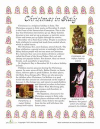 Christmas First Grade Comprehension Vocabulary Worksheets: Christmas in Italy